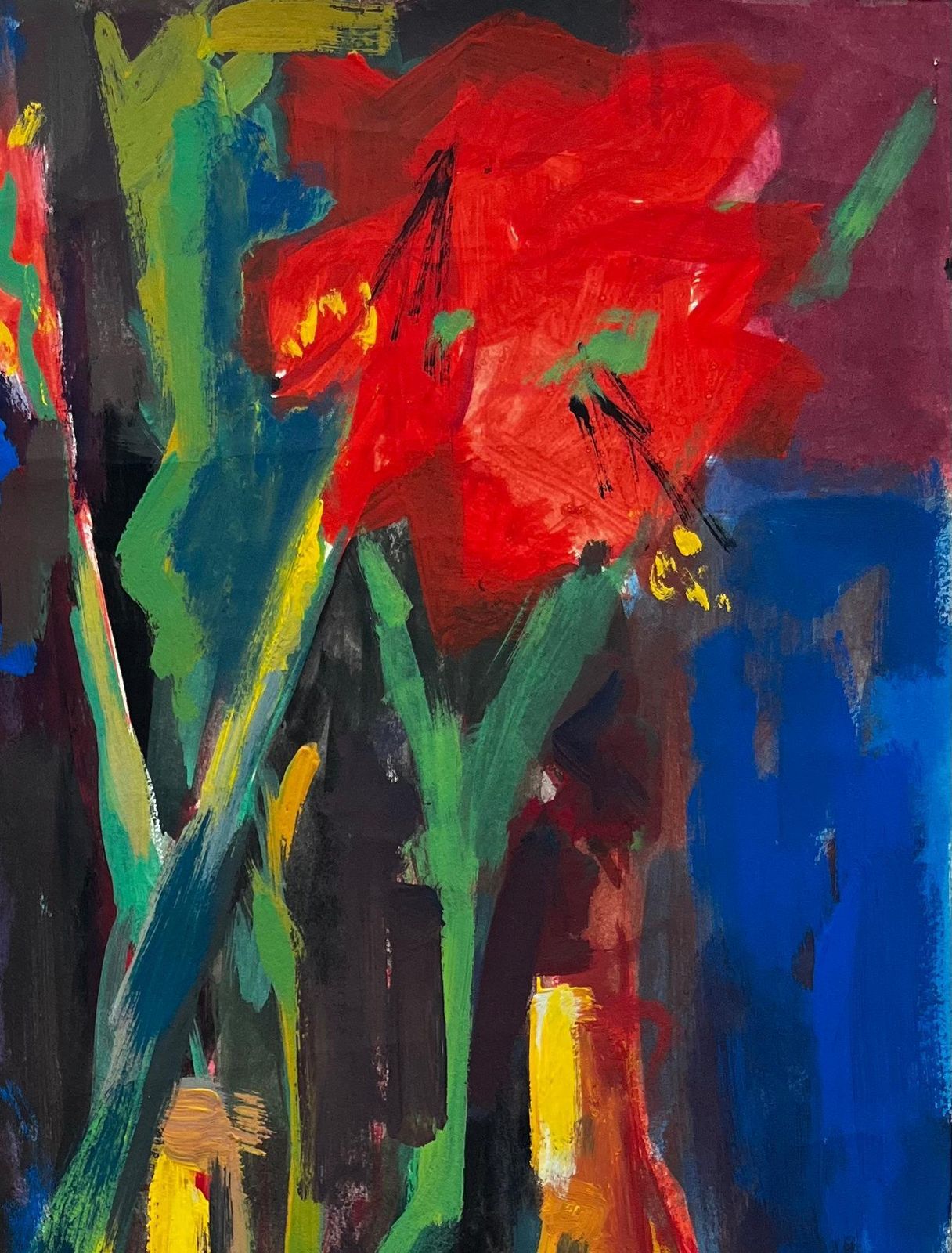 Guy Nicodfloral Still Life With Red Amaryllis And Wine Bottles French Modernist Gouache photo Art