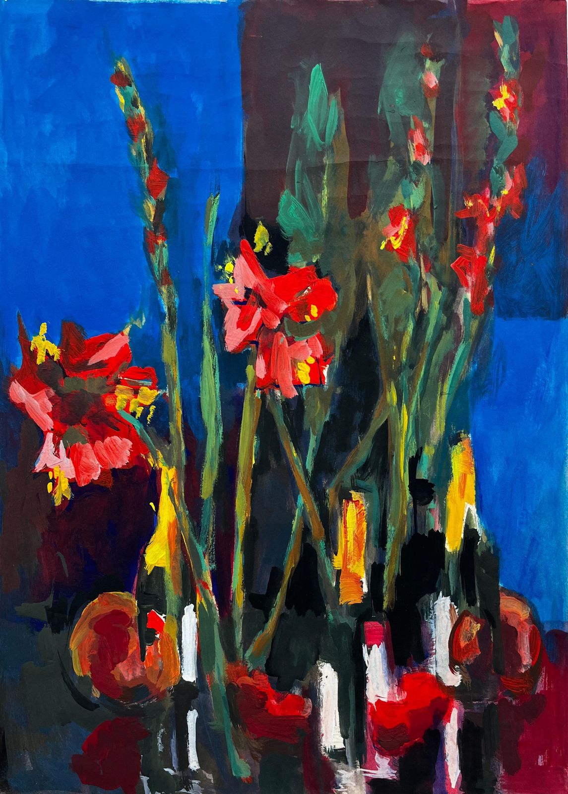 Guy Nicodvibrant Floral Still Life With Red Gladiolus And Wine Bottles French Modernist