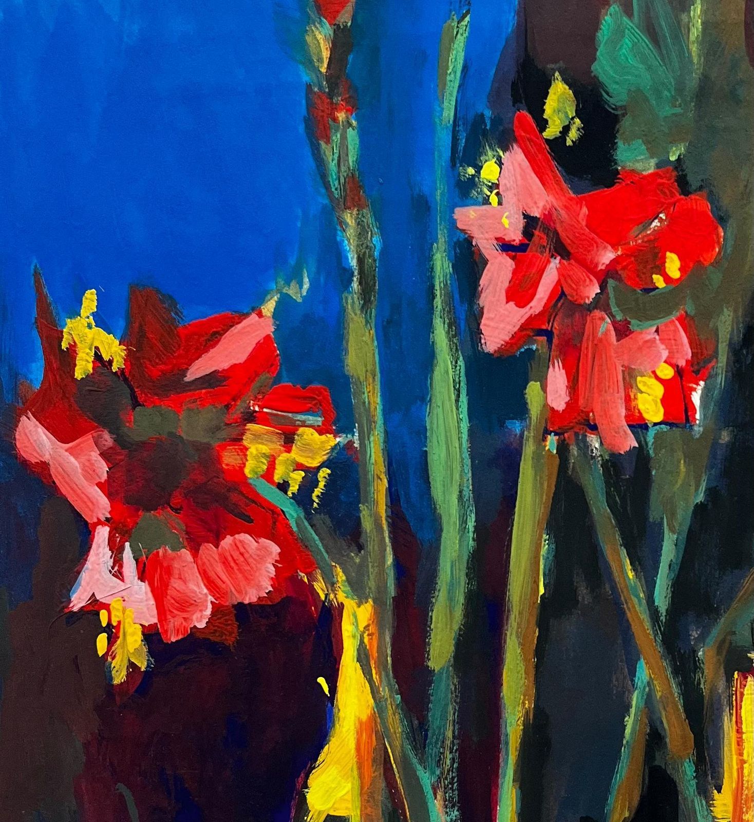 Guy Nicodvibrant Floral Still Life With Red Gladiolus And Wine Bottles French Modernist photo for sale