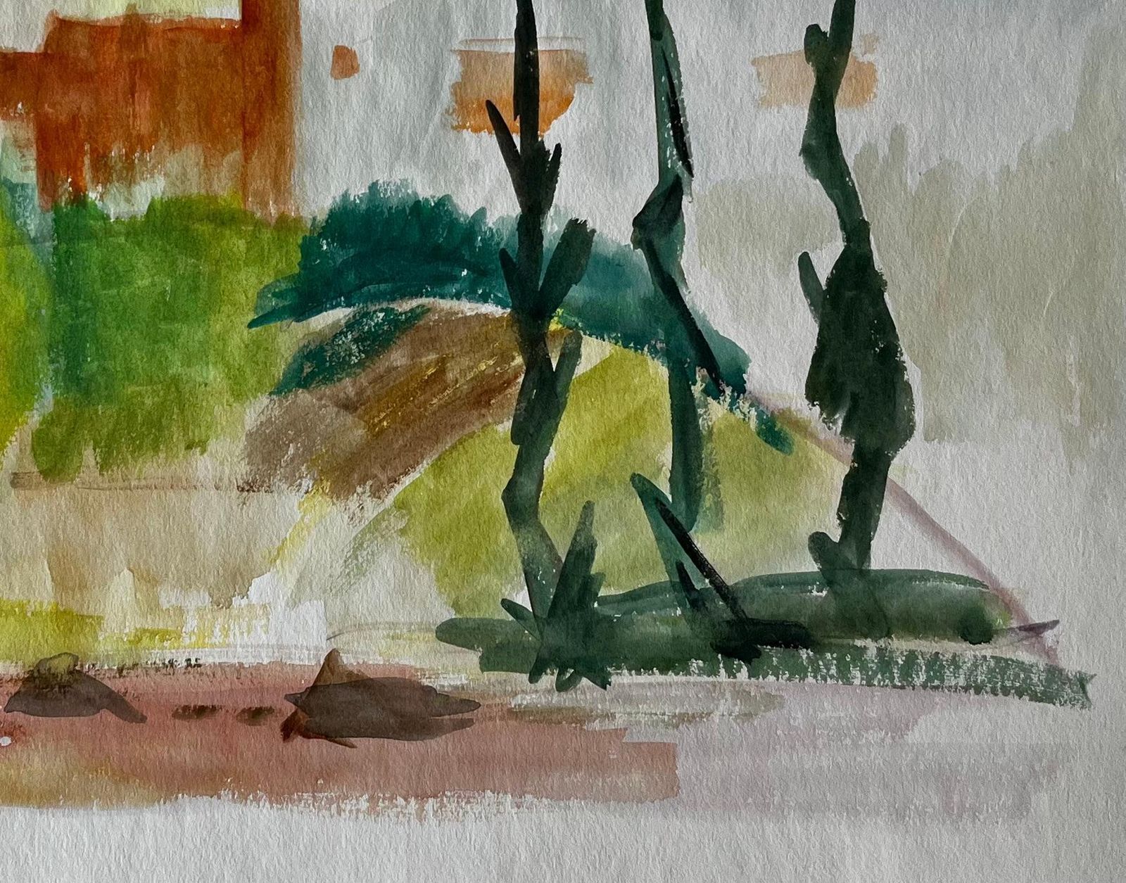 Guy Nicodabstracted Hilltop Village With Cypress French Modernist Gouache By Guy Nicod photo for sale