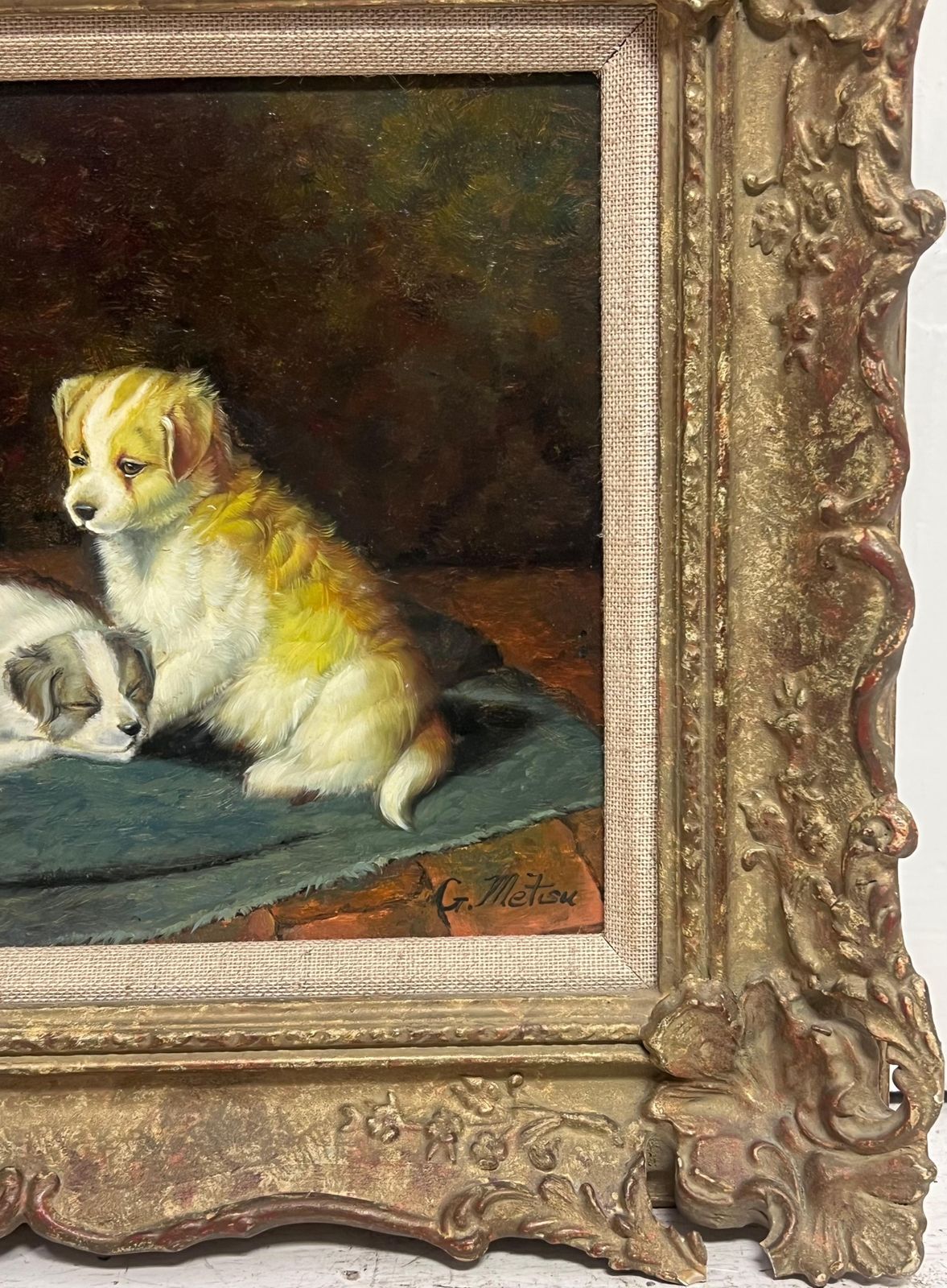 Continental Schoolportrait Of Two Puppies In Interior Room Setting Signed Oil Painting photo buy