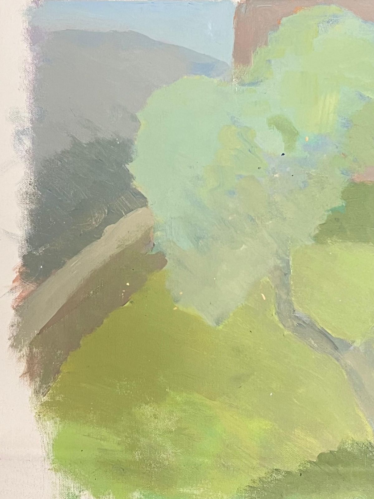 French School French Modernist Oil Painting Green Tonal Landscape With Pink House photo for sale