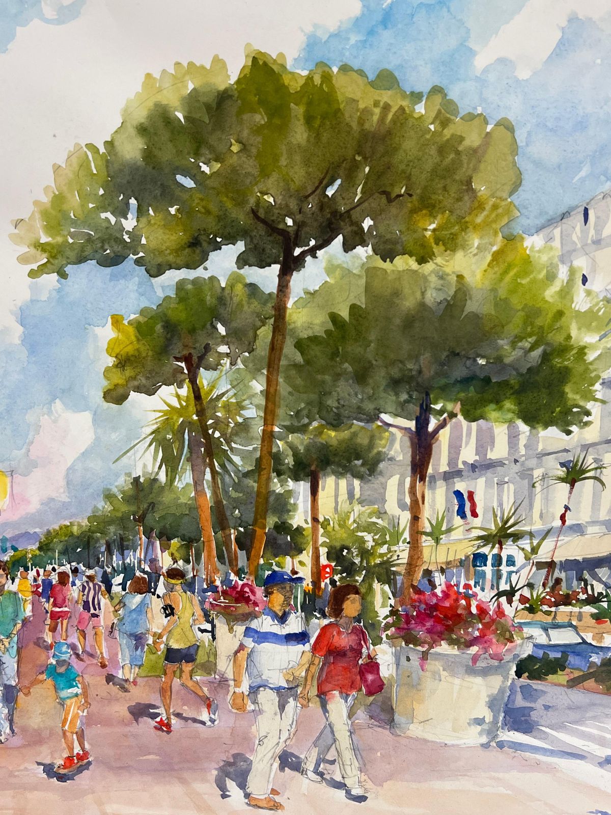 French Impressionistla Croissette Cannes Carlton Hotel Busy Beach & Figures Signed Original Painting photo vintage