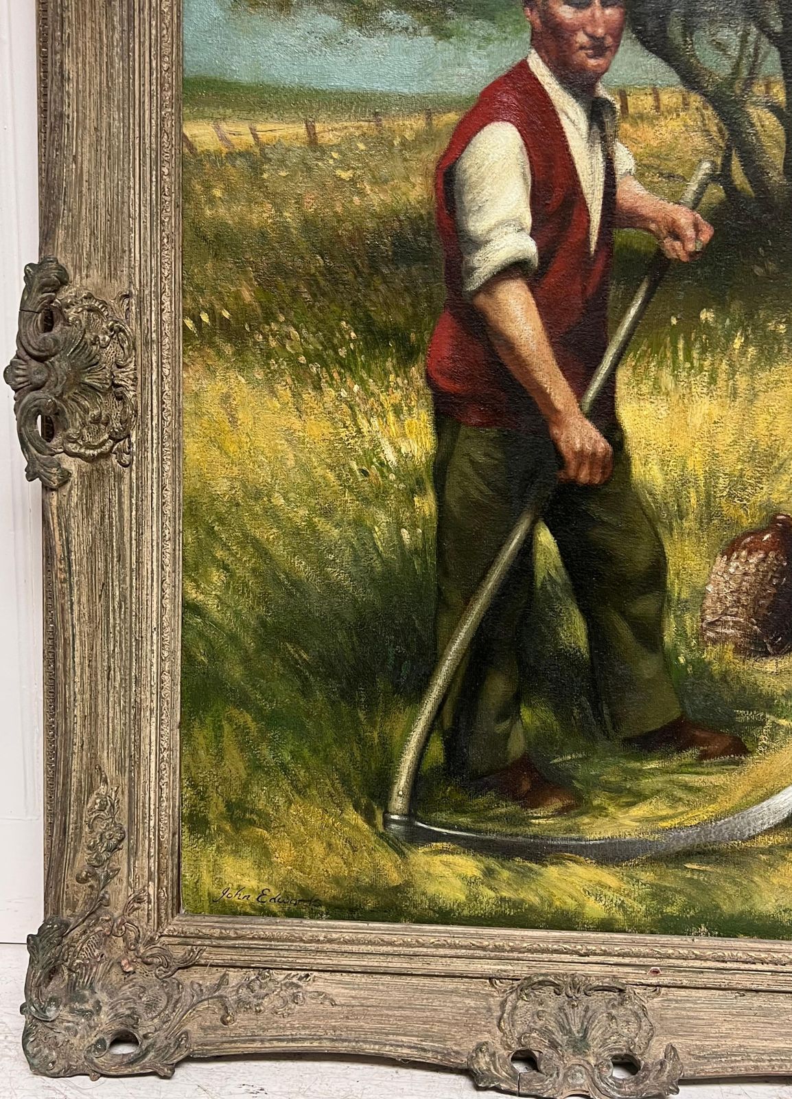 John Edwardstraditional Rural English Signed Oil Painting Hay Cutting Portrait With Scythe photo for sale