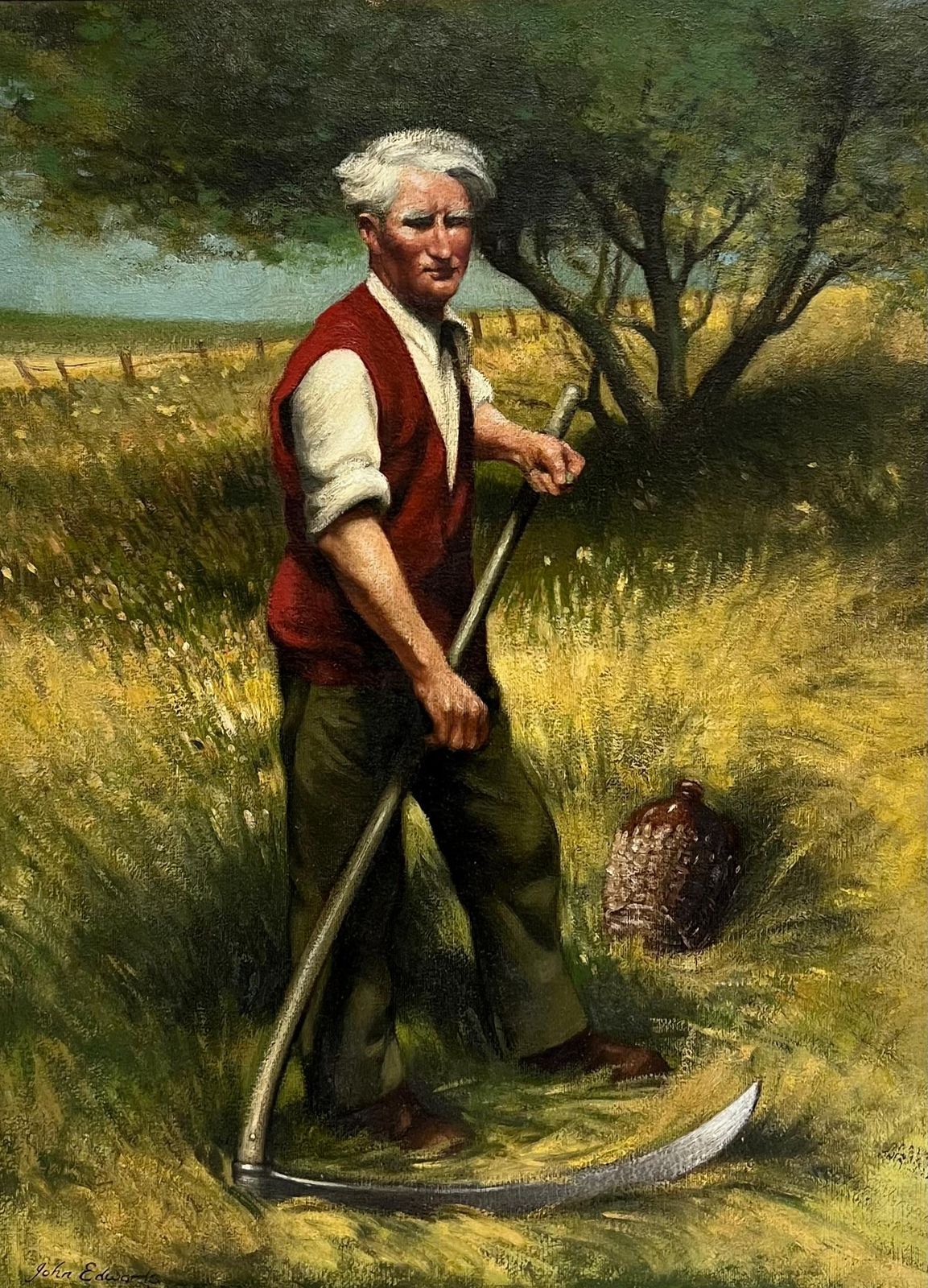 John Edwardstraditional Rural English Signed Oil Painting Hay Cutting Portrait With Scythe photo Art