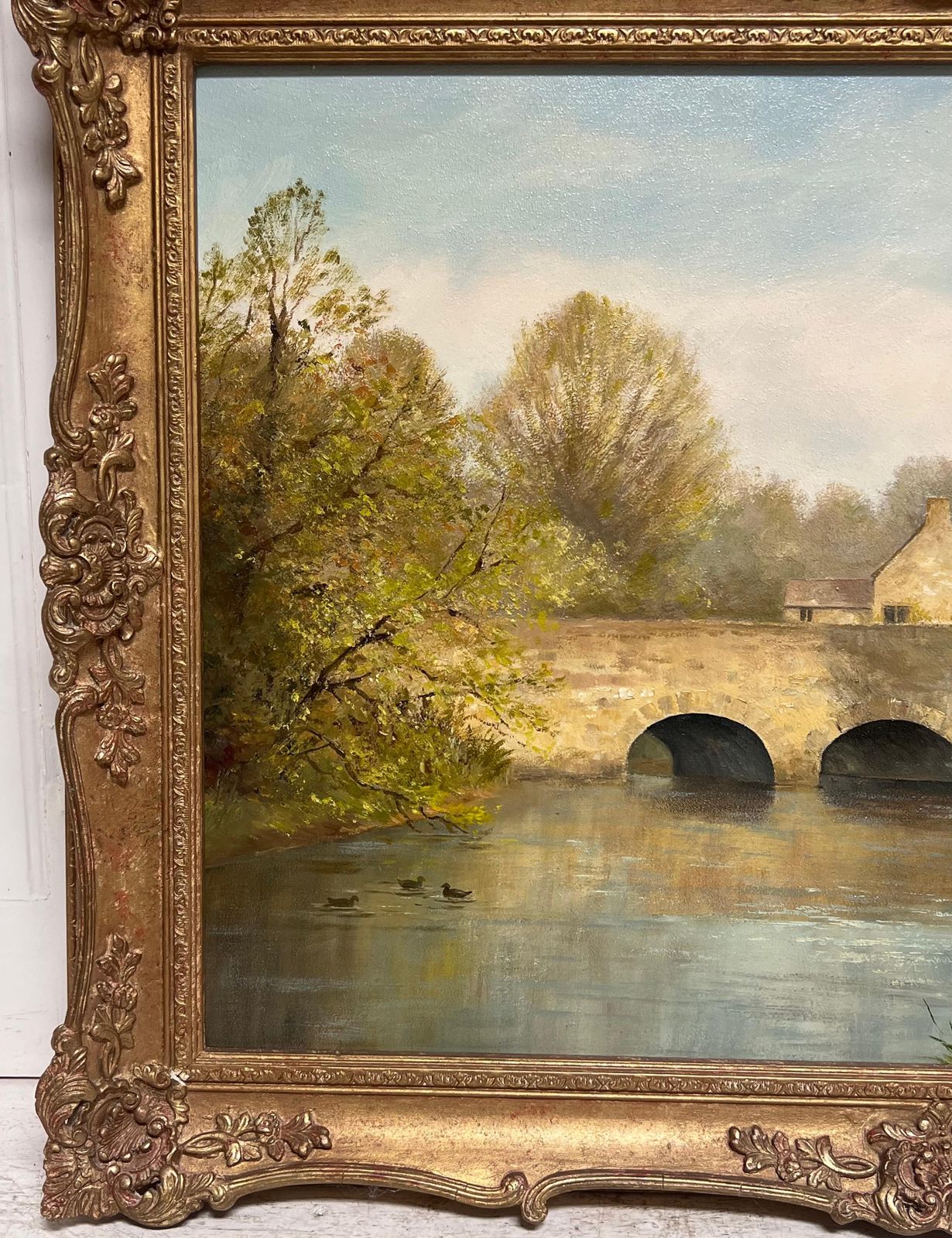 E. J. Wilsonlarge Traditional English Rural Oil Painting River Landscape Old Stone Bridge photo vintage