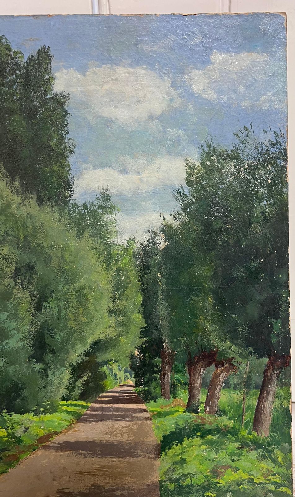 French School Antique French Impressionist Oil Woodland Avenue Trees Dappled Sunlight Path photo for sale