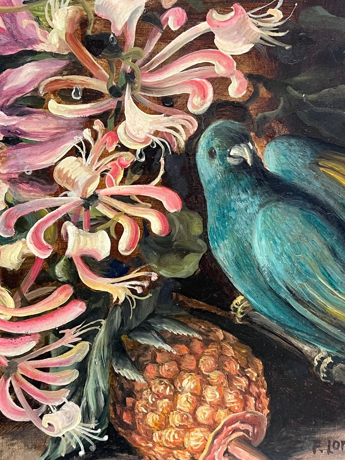 Antique Englishfine English Still Life Flowers Exotic Bird And Fruit Large Oil Painting Signed photo Art