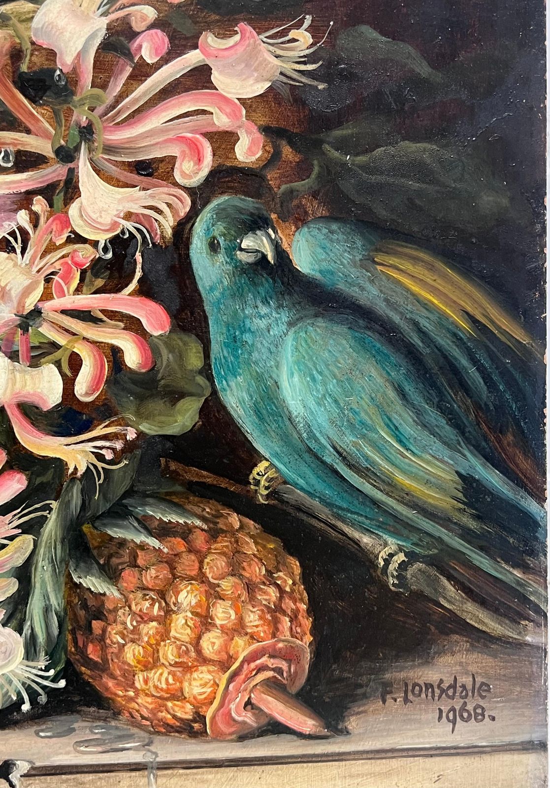 Antique Englishfine English Still Life Flowers Exotic Bird And Fruit Large Oil Painting Signed photo vinterior