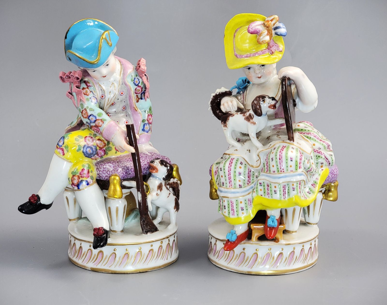 Antique Meissen Porcelain Figures, Pastoral Pair With Dogs, C.1785