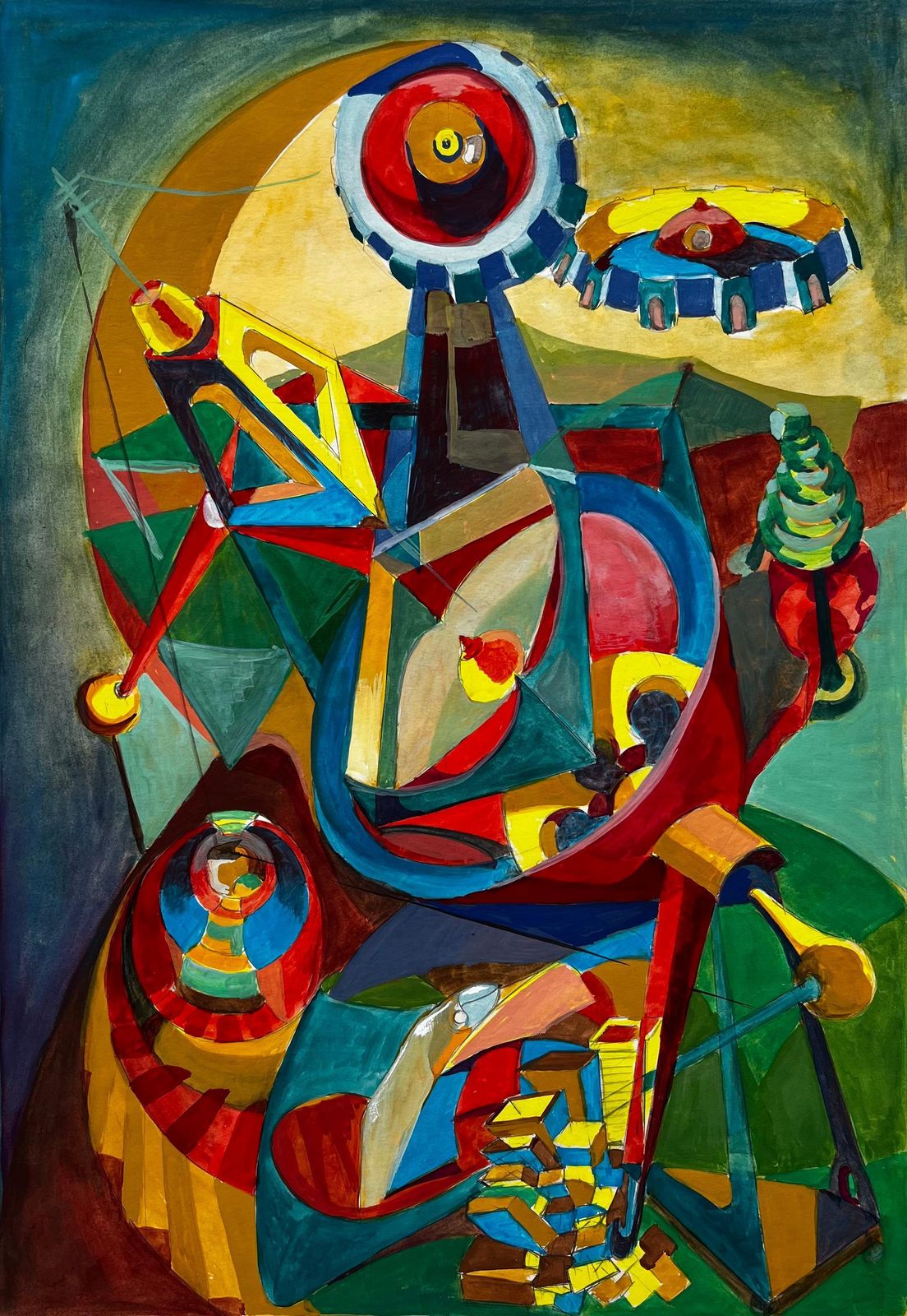 Guy Nicodcubist French Abstract Composition With Geometric Shapes Circles And Colour