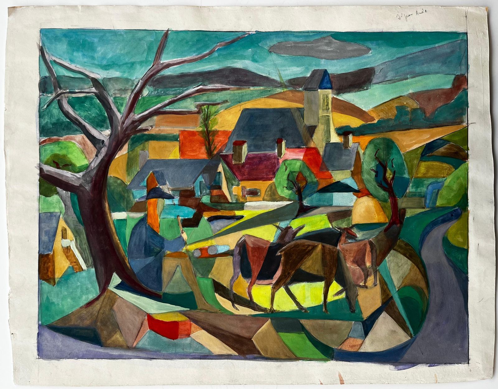 Guy Nicod Cubist Gouache French Village Landscape With Deer Church Trees And Hills photo furniture