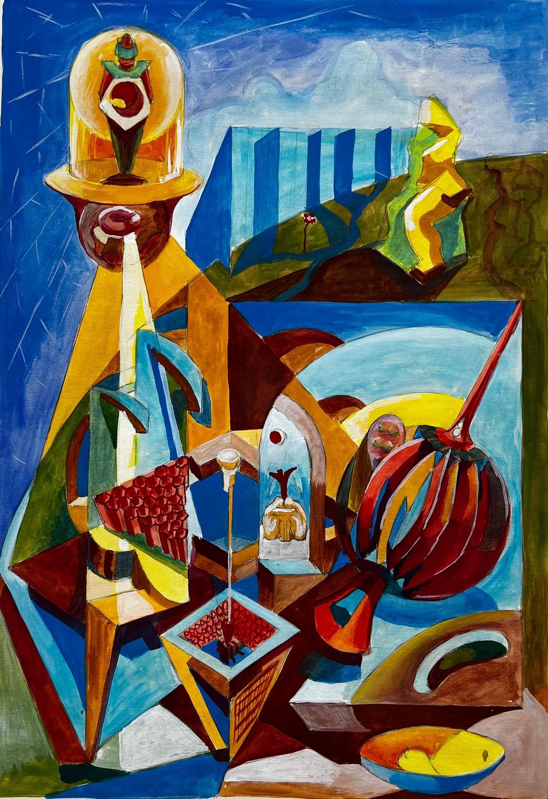 Guy Nicod Cubist Gouache French Still Life With Fruit Bowl And Geometric Shapes