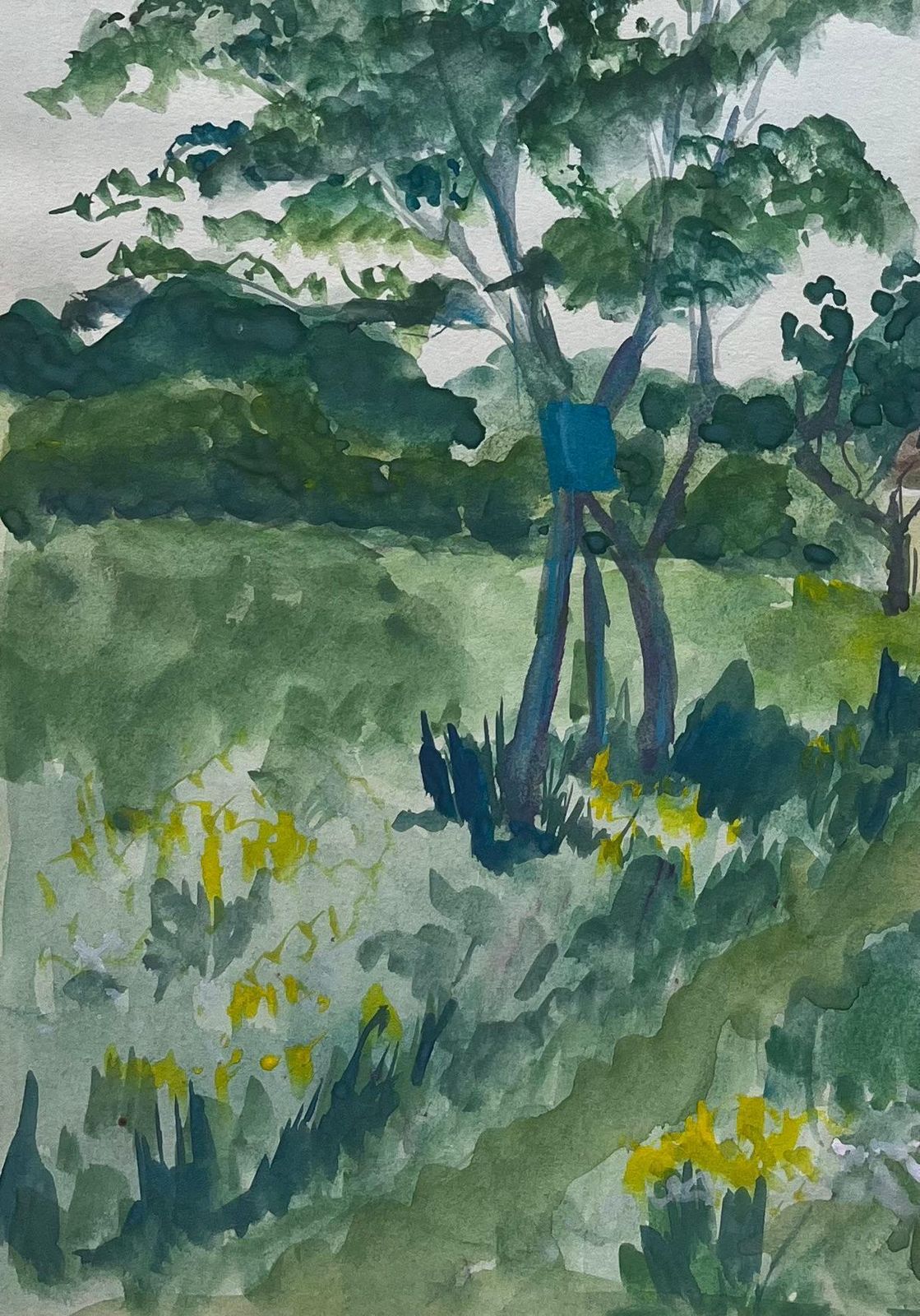 Guy Nicodfrench Countryside Cottage With Trees And Wildflowers Gouache Landscape photo for sale