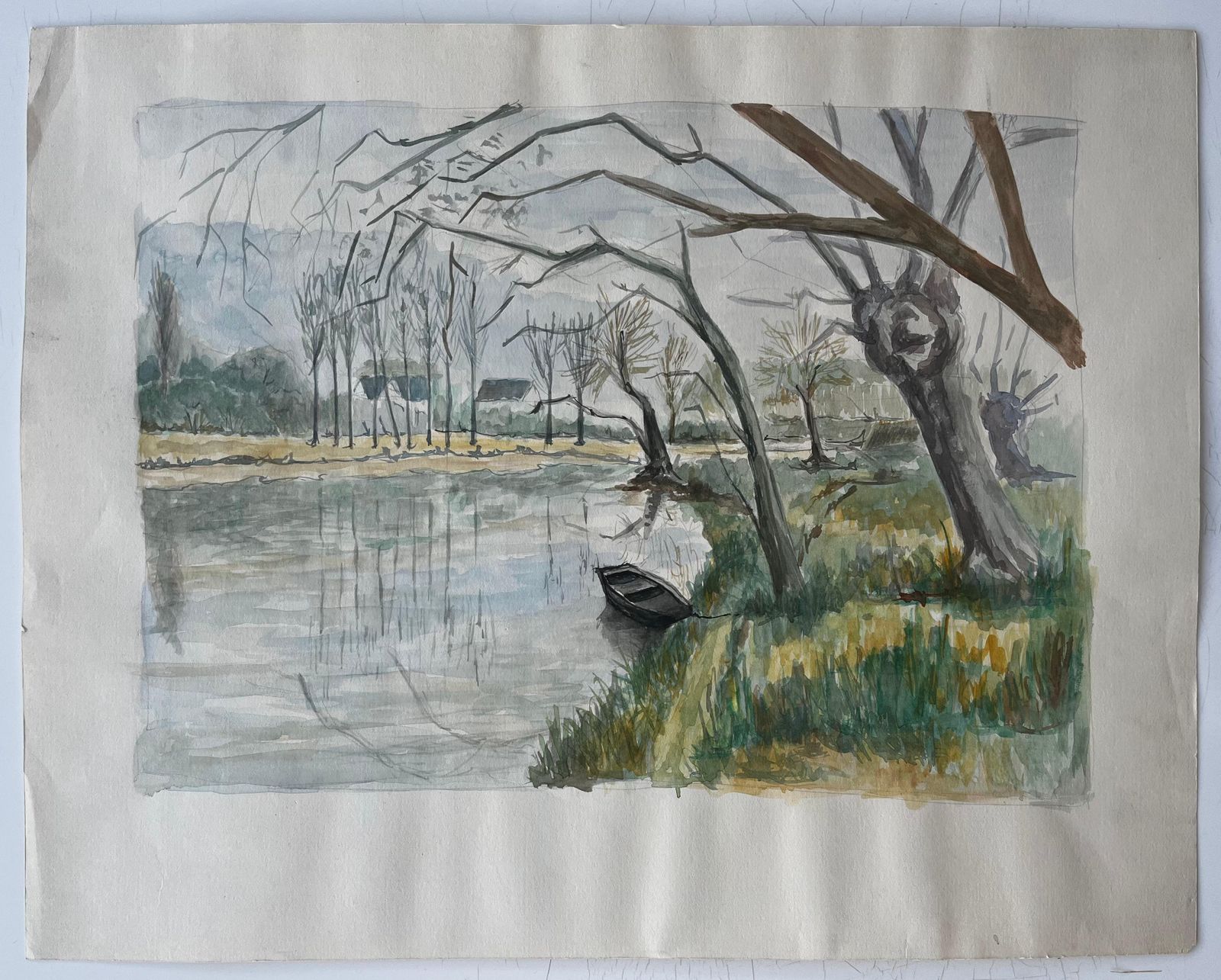 Guy Nicodfrench River Landscape With Bare Winter Trees And Rowing Boat Watercolour photo for sale
