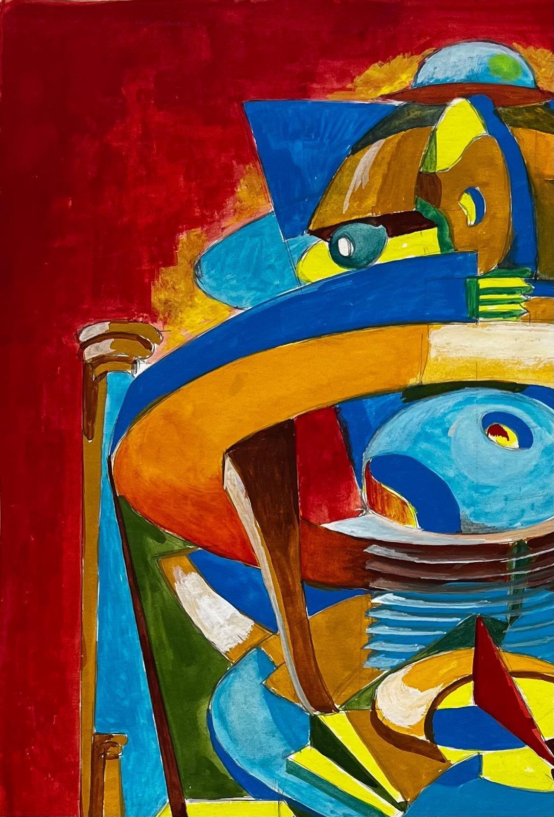 Guy Nicod Cubist Gouache French Abstract Figure With Geometric Shapes Red And Blue photo for sale