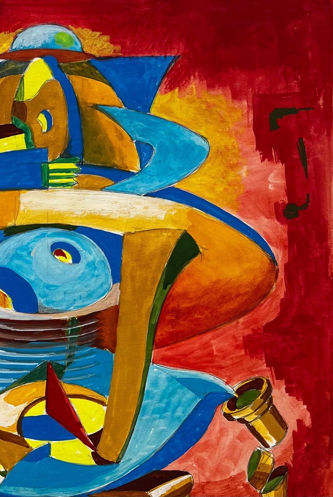Guy Nicod Cubist Gouache French Abstract Figure With Geometric Shapes Red And Blue photo Art