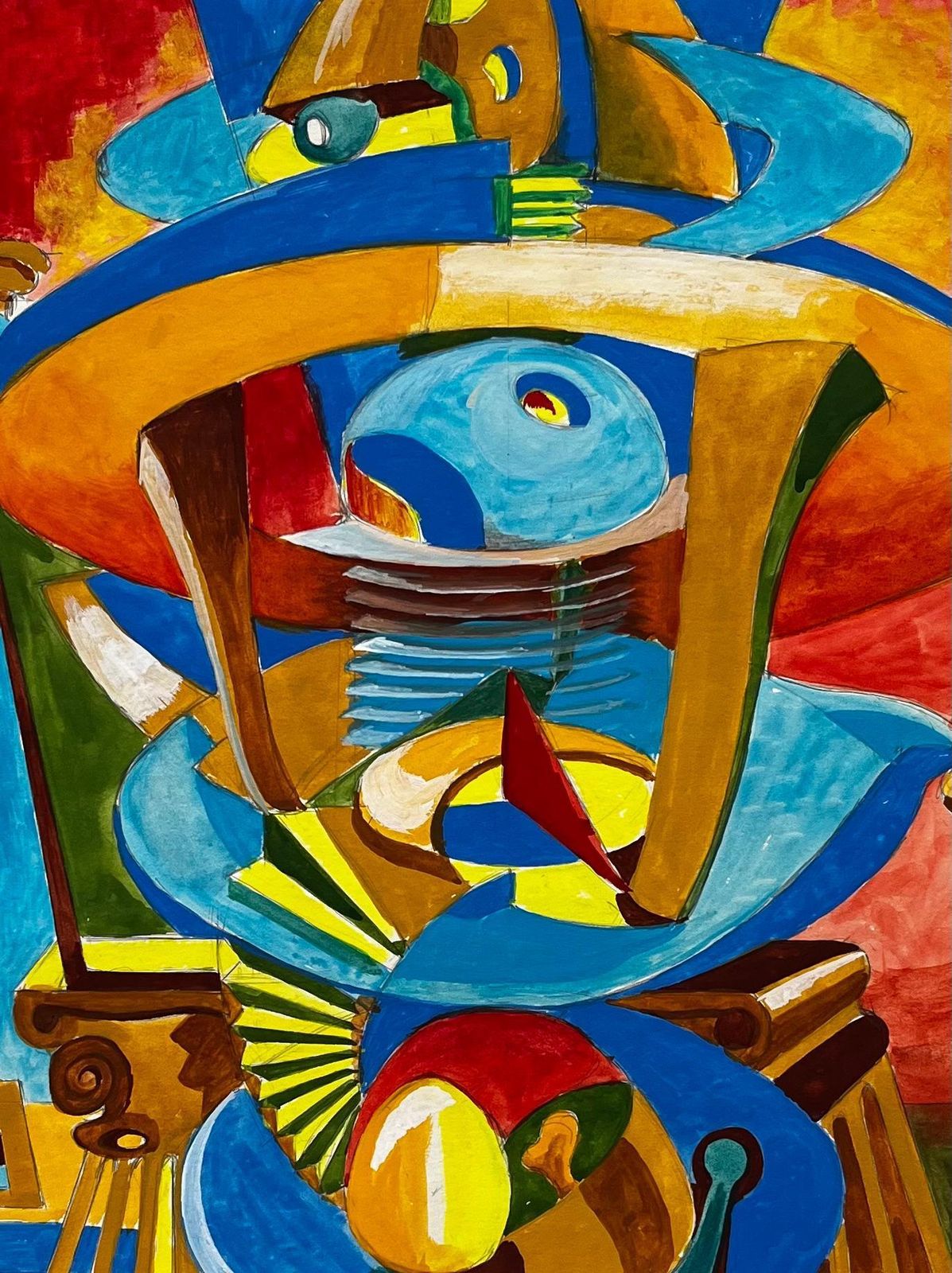 Guy Nicod Cubist Gouache French Abstract Figure With Geometric Shapes Red And Blue photo vintage