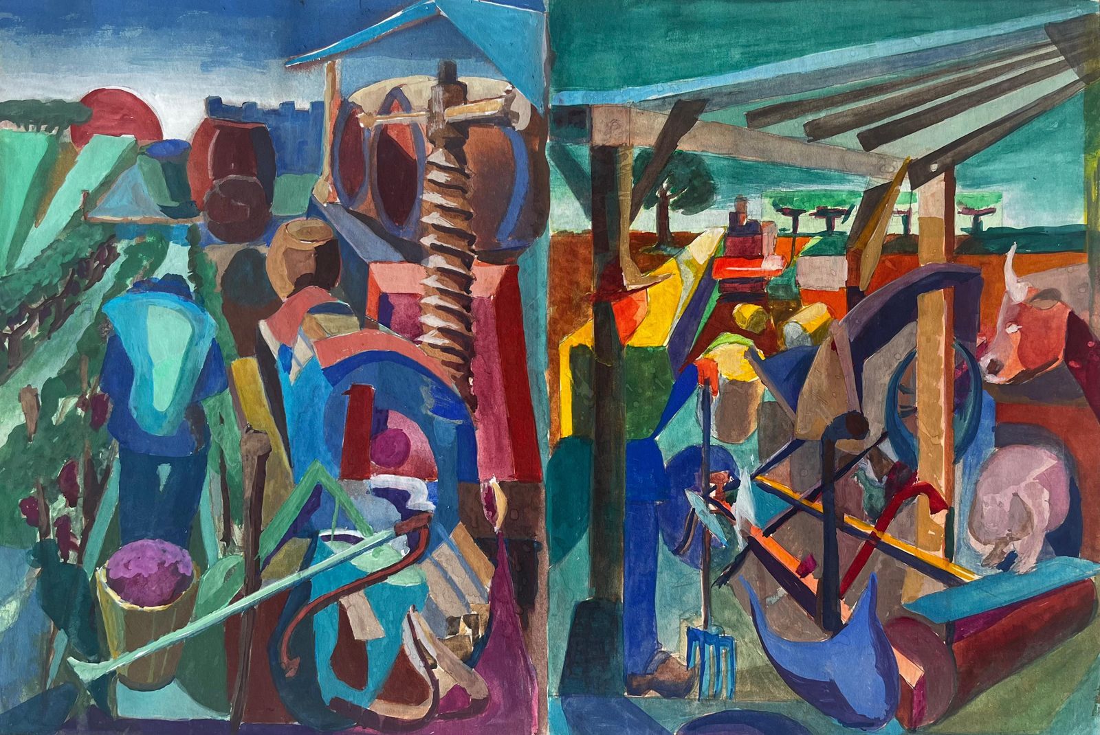 Guy Nicodcubist Gouache French Farmyard Scene With Animals Figures Wine Barrels And Tools