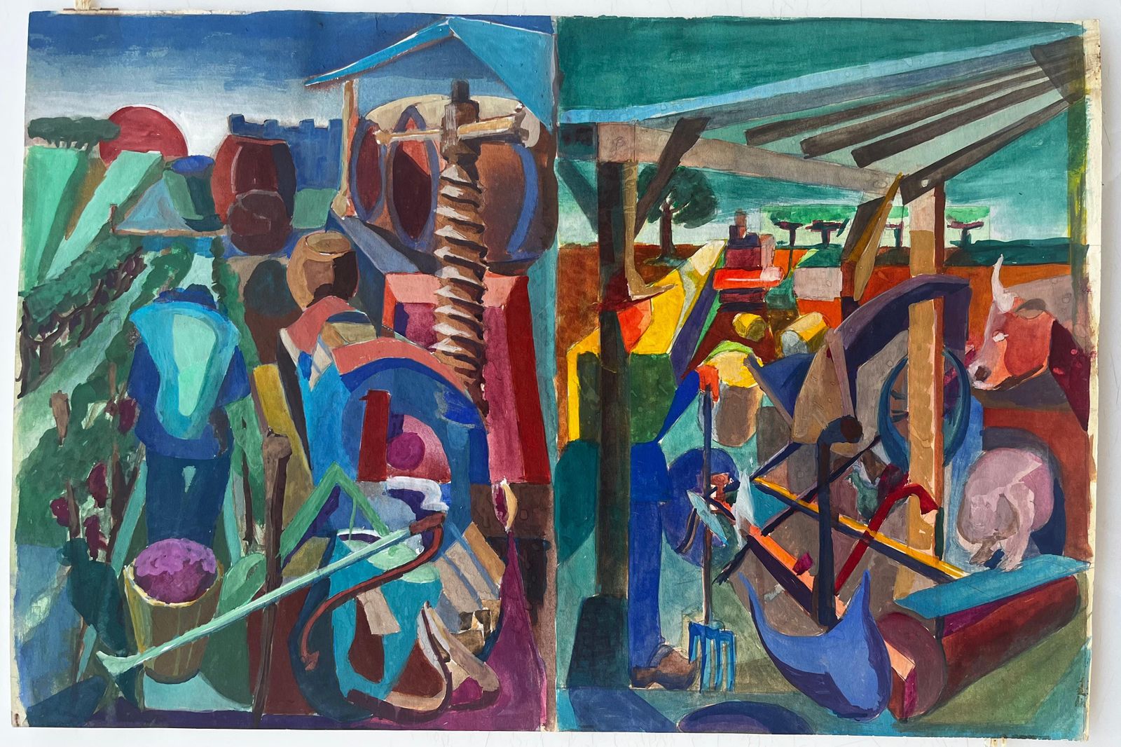 Guy Nicodcubist Gouache French Farmyard Scene With Animals Figures Wine Barrels And Tools photo furniture