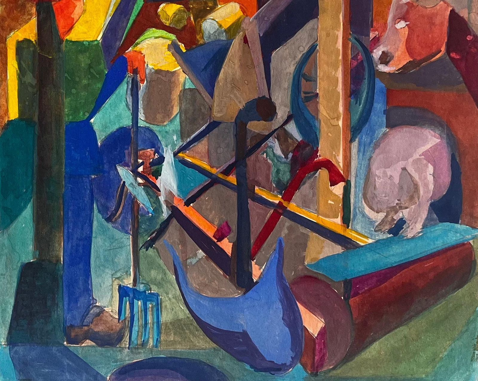 Guy Nicodcubist Gouache French Farmyard Scene With Animals Figures Wine Barrels And Tools photo for sale