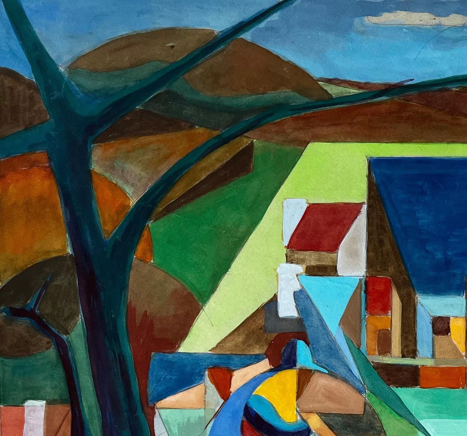 Guy Nicod Cubist French Village Landscape With Horses Church Trees And Hills Gouache photo vinterior
