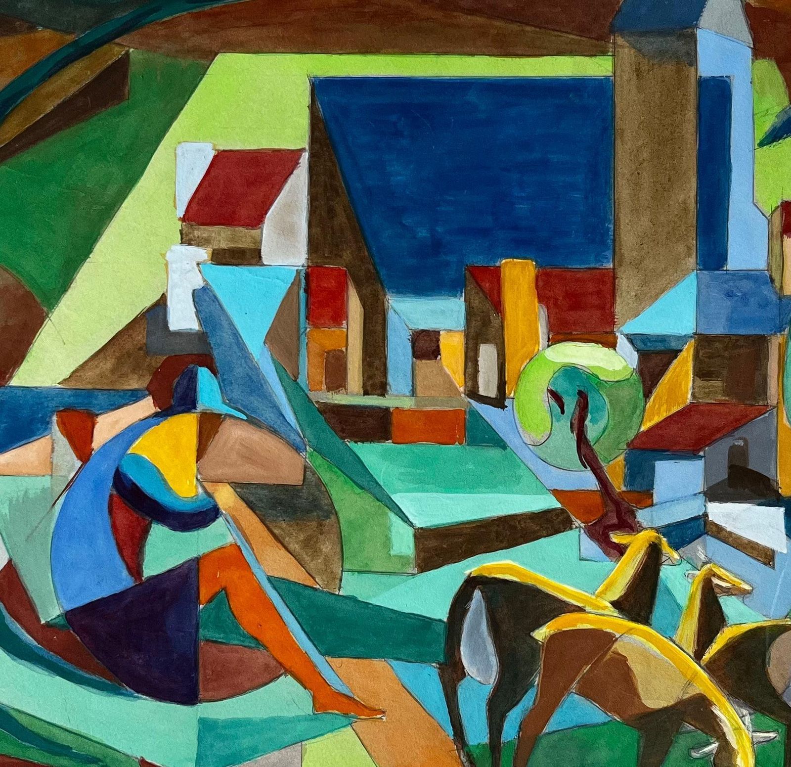 Guy Nicod Cubist French Village Landscape With Horses Church Trees And Hills Gouache photo buy
