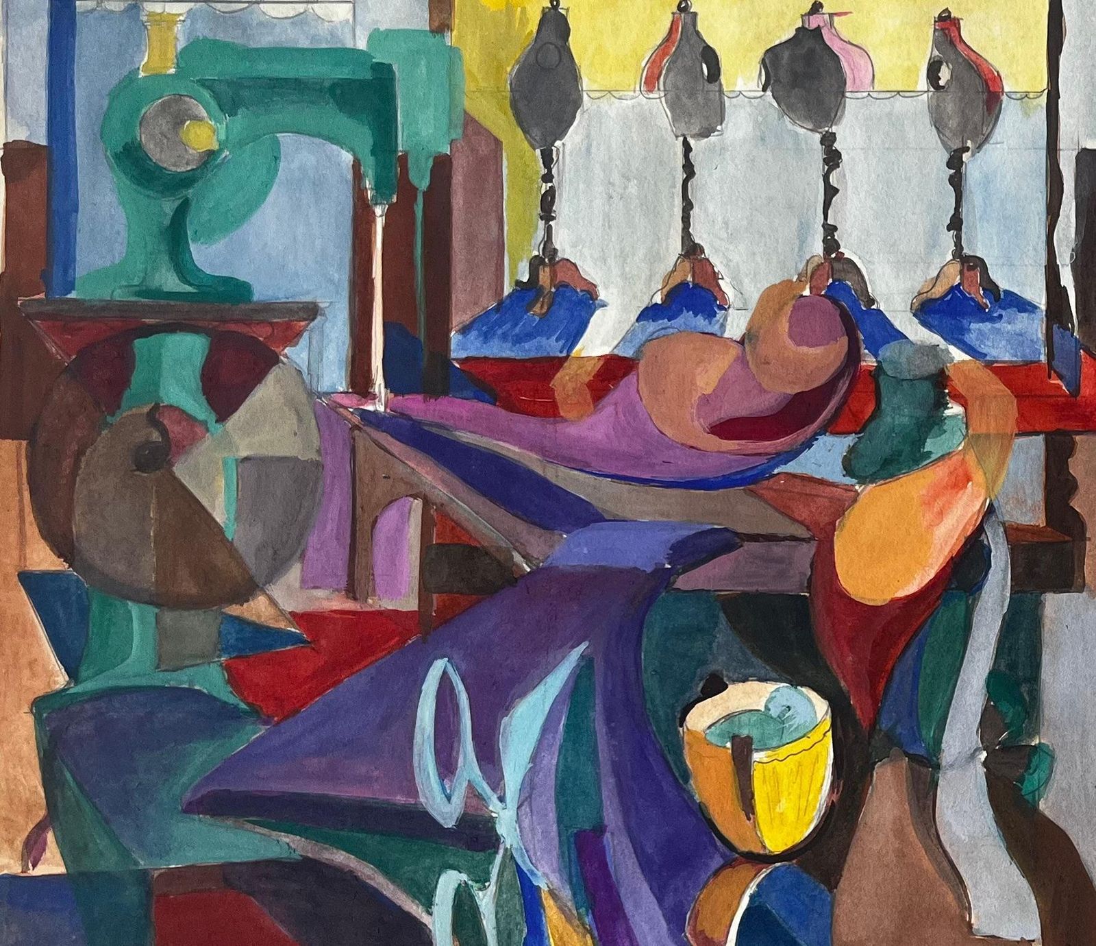 Guy Nicod Cubist Artist Studio With Sewing Mannequins Spools Of Thread And Surreal Mirror photo vintage