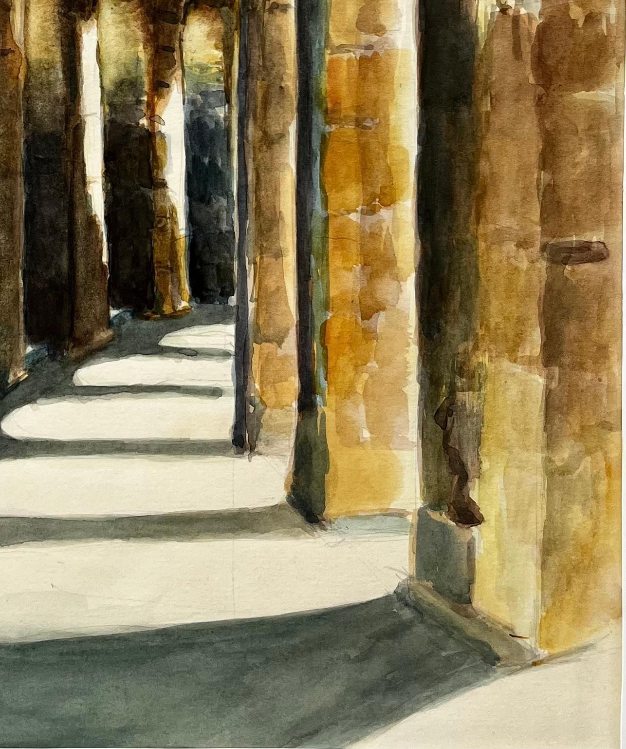 Guy Nicod Sunlit Romanesque Cloister Arches Interior Watercolor Of Stone Columns photo 535.0