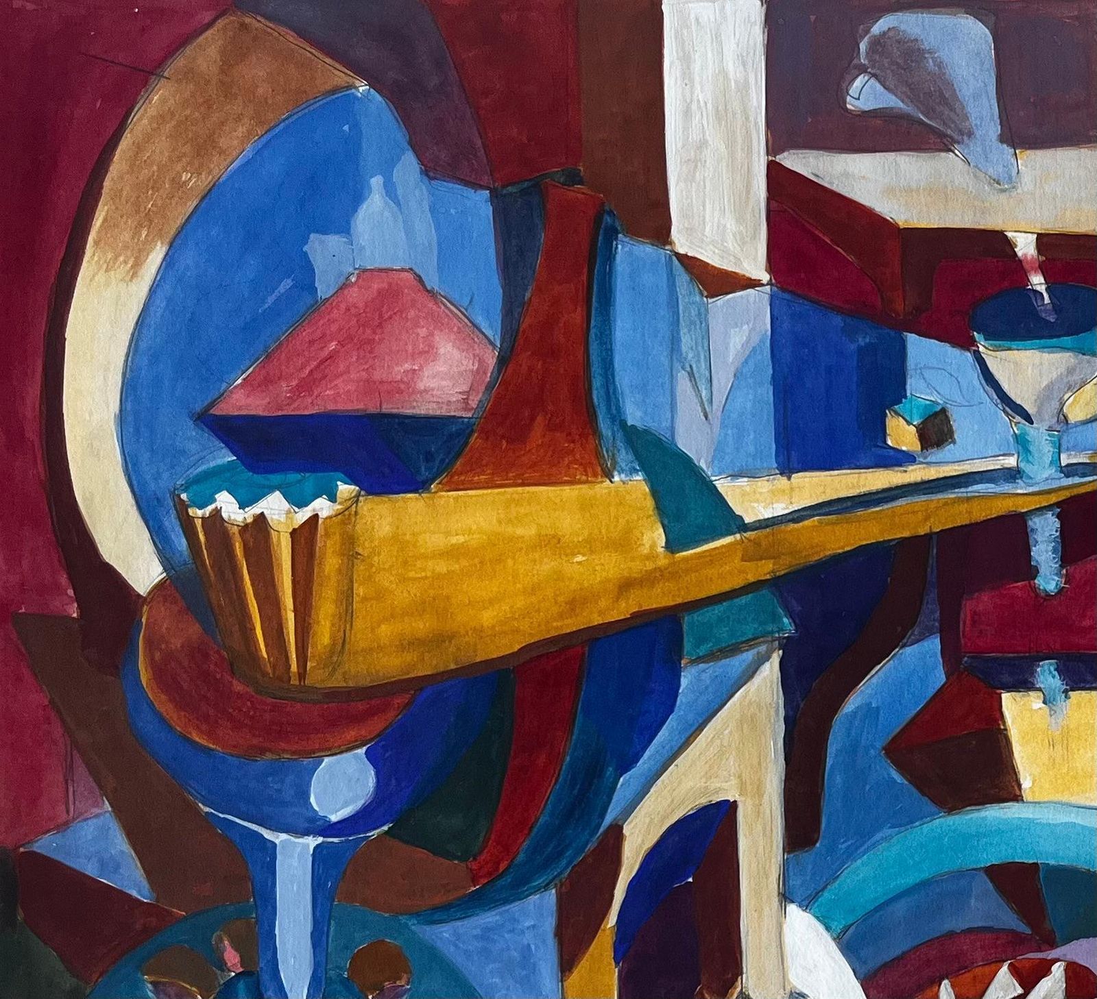 Guy Nicod Cubist Gouache Still Life With Bottles Glasses Table And Musical Instruments photo 692.0