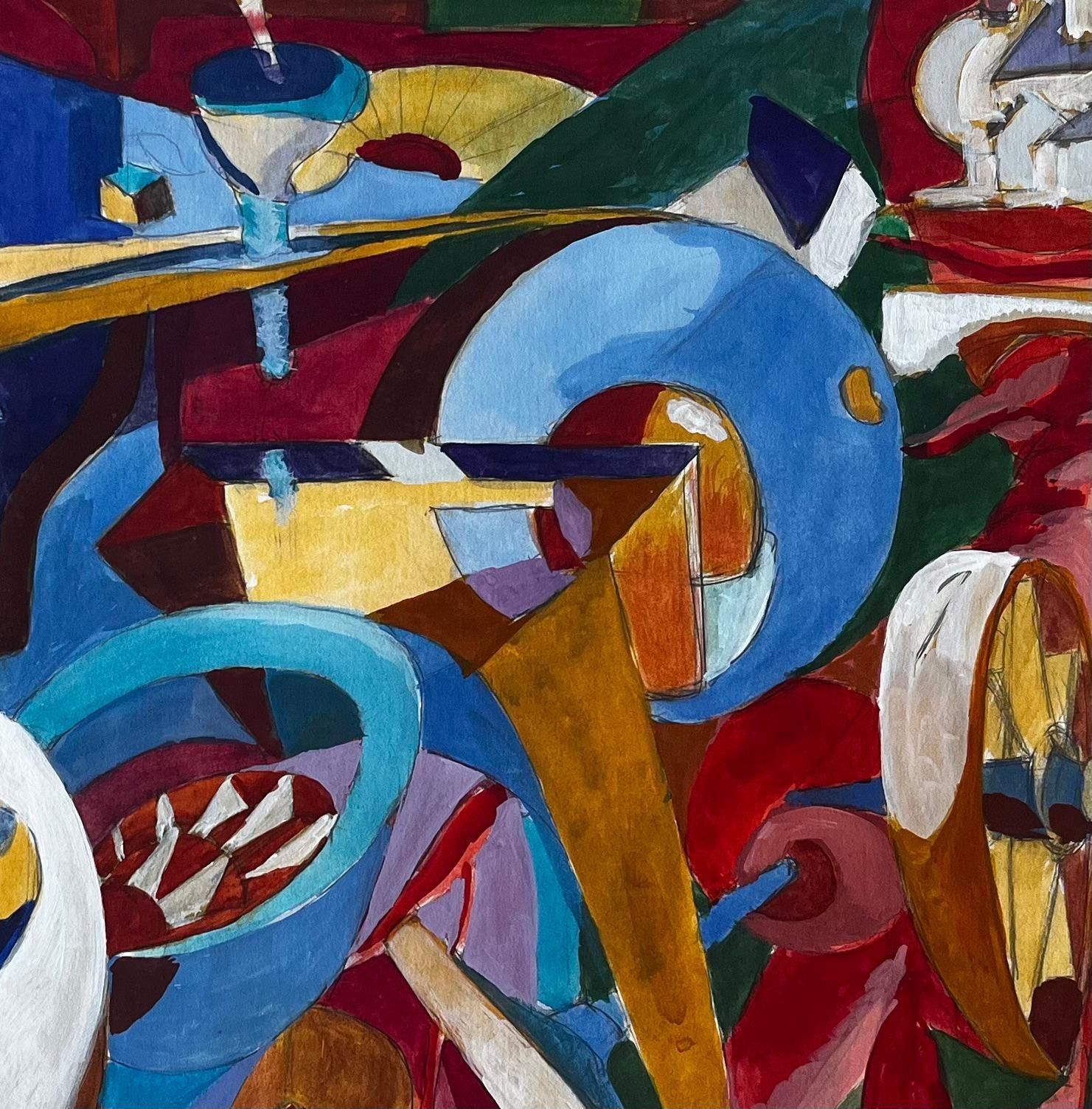 Guy Nicod Cubist Gouache Still Life With Bottles Glasses Table And Musical Instruments photo buy