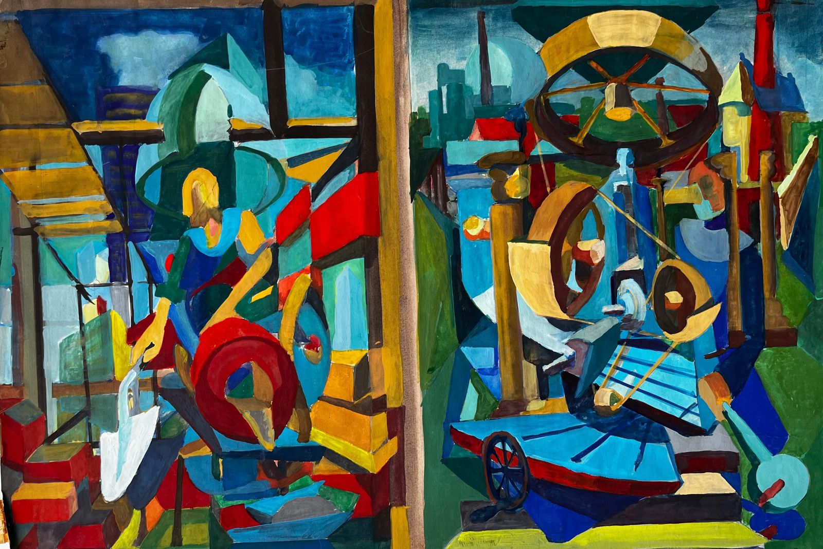 Guy Nicodcubist Industrial Scene With Machinery And Factory Architecture