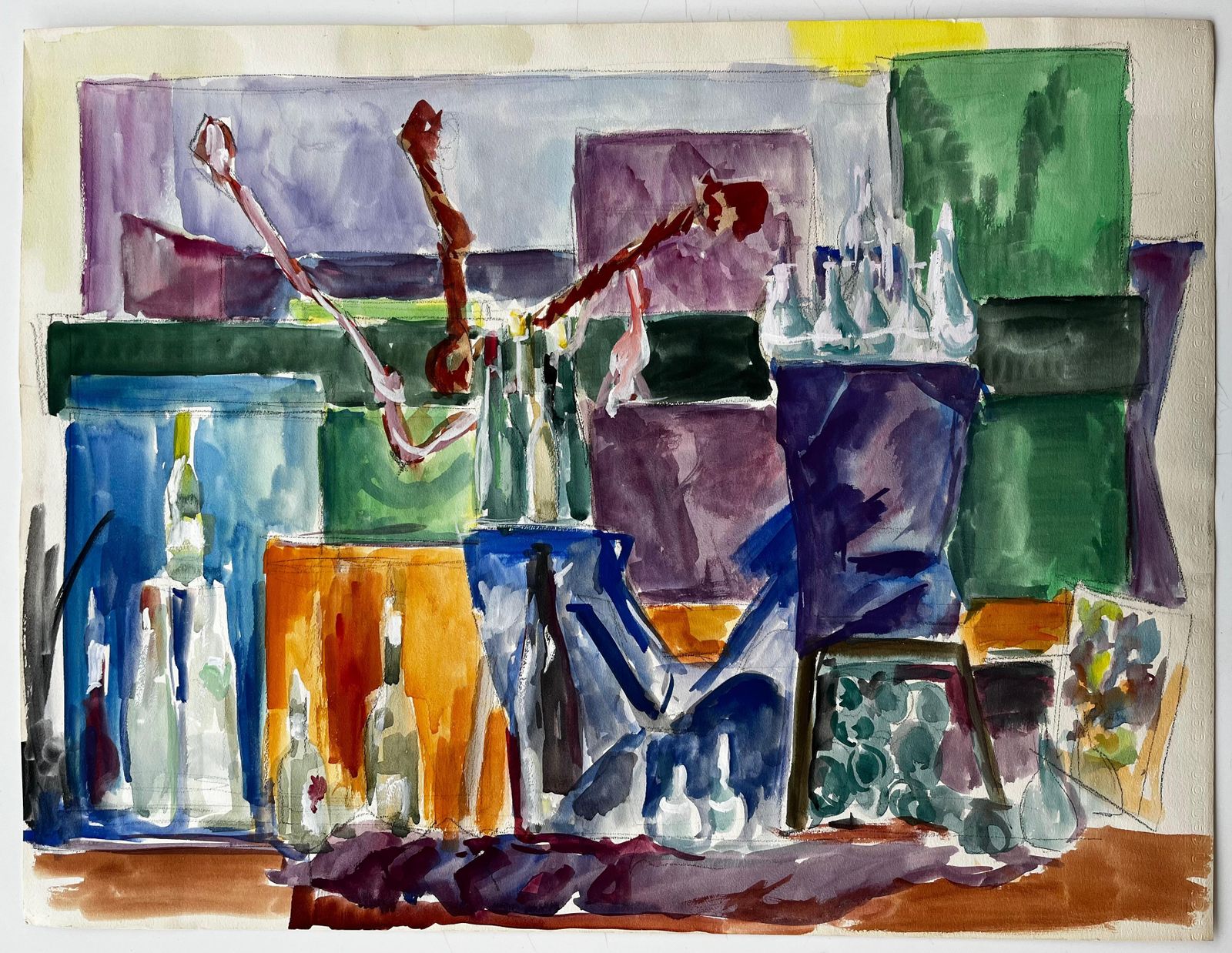 Guy Nicodabstract Still Life With Bottles And Branches French Modernist Watercolour photo furniture