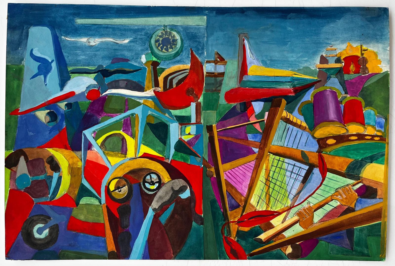 Guy Nicodcubist Aviation And Musical Scene With Airplanes Instruments And Abstract Figure photo furniture