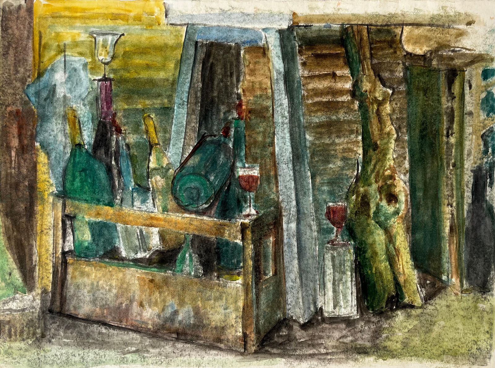 Guy Nicodwine Bottles Wooden Crate And Red Wine Glasses French Still Life Watercolour