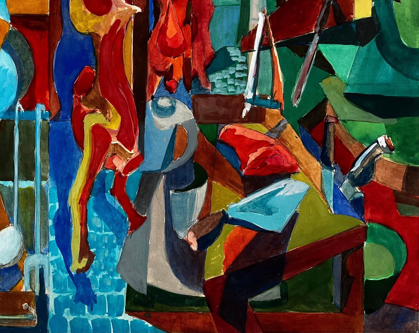 Cubist Kitchen And Butcher Scene With Hanging Meats And Utensils photo for sale