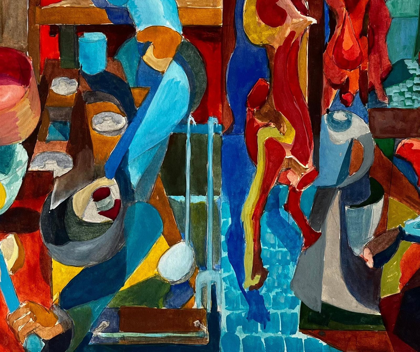Cubist Kitchen And Butcher Scene With Hanging Meats And Utensils photo 600.0