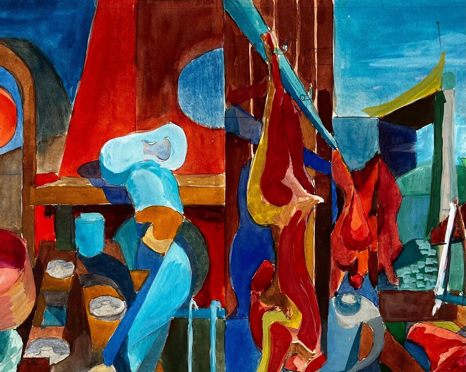 Cubist Kitchen And Butcher Scene With Hanging Meats And Utensils photo vintage