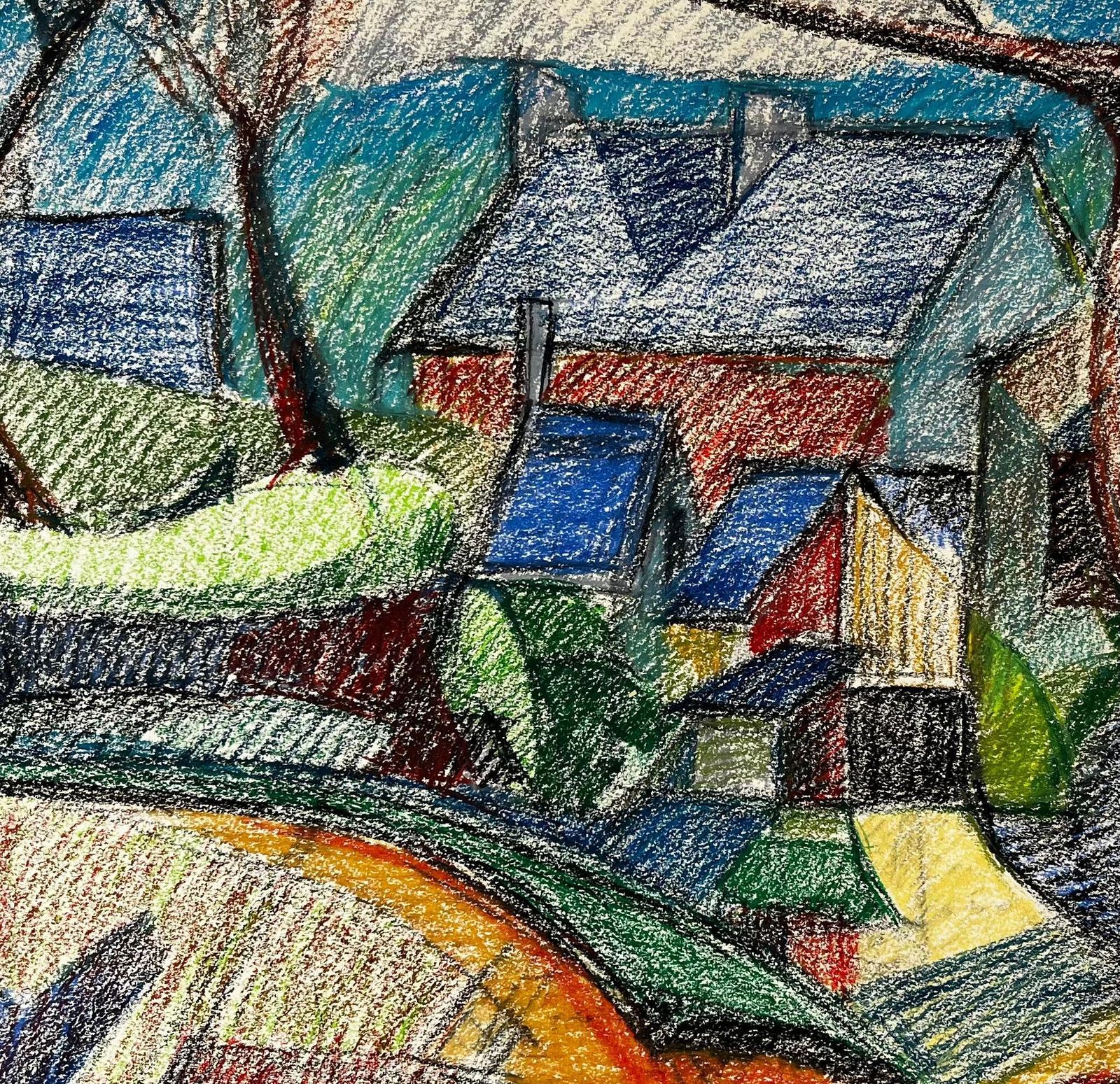 Guy Nicodcubist Village With Red Roofs And Blue Sky French Pastel Drawing photo buy