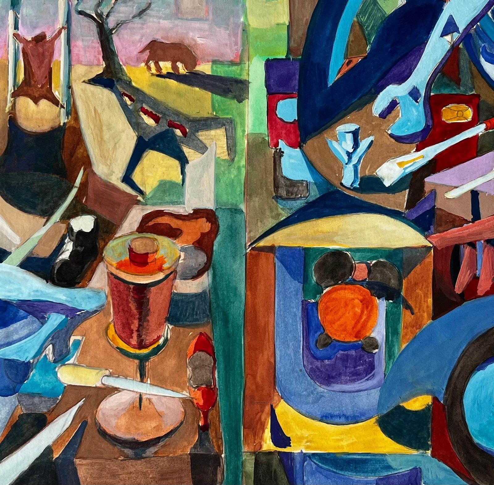 Guy Nicodcubist Workshop And Architectural Scene With Tools And Abstract Figures photo vintage