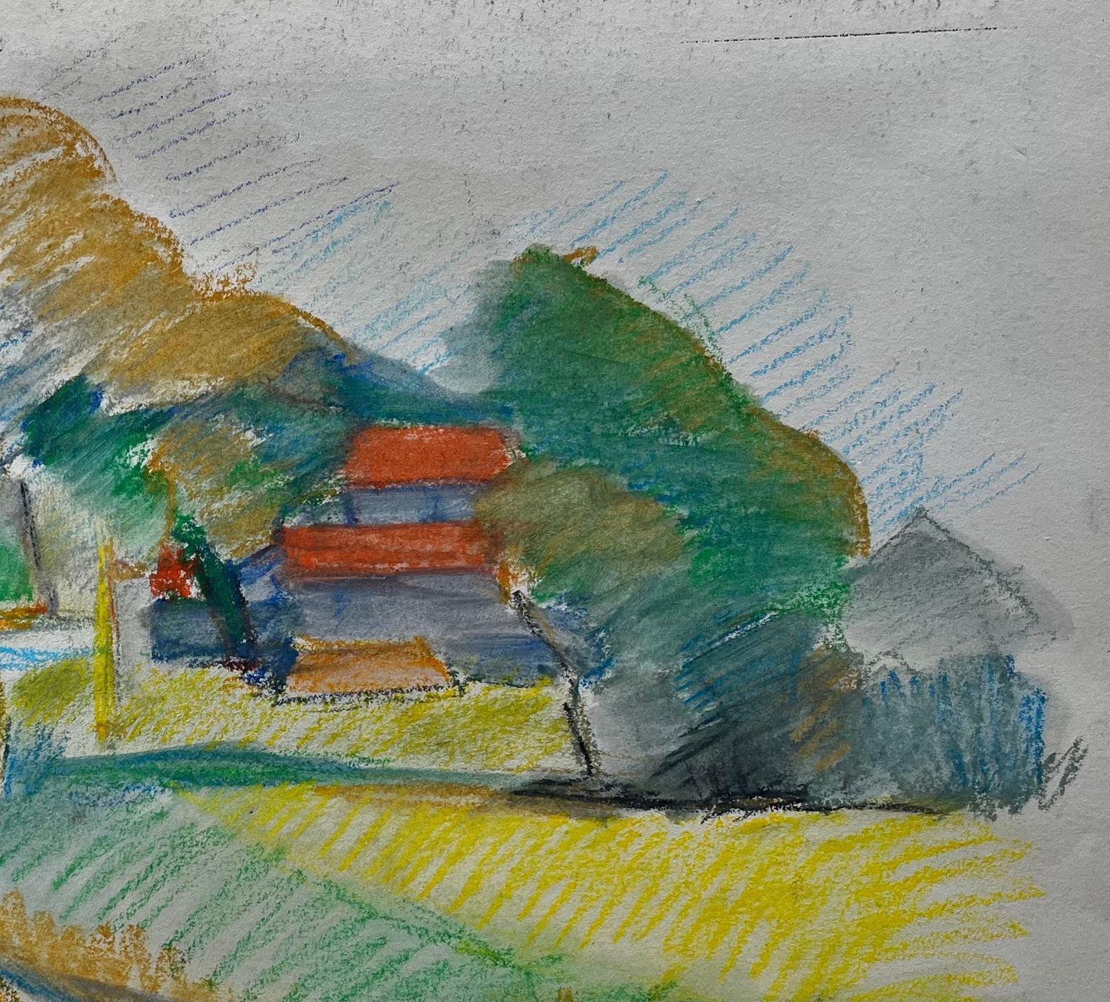 Guy Nicodpeaceful French Village Curve With Red Roofs And Tree Pastel Drawing photo vinterior