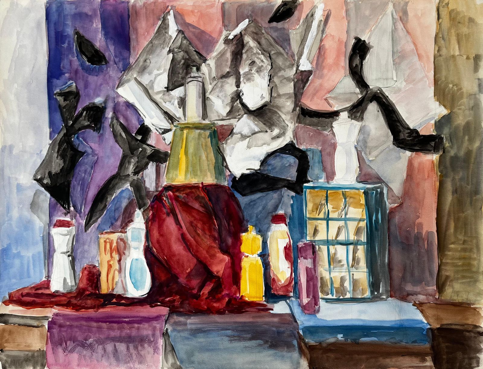 Guy Nicodfrench Cubist Still Life With Bottles Draped Cloth And Abstract Background