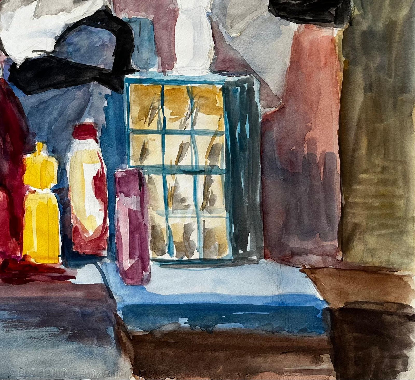 Guy Nicodfrench Cubist Still Life With Bottles Draped Cloth And Abstract Background photo for sale
