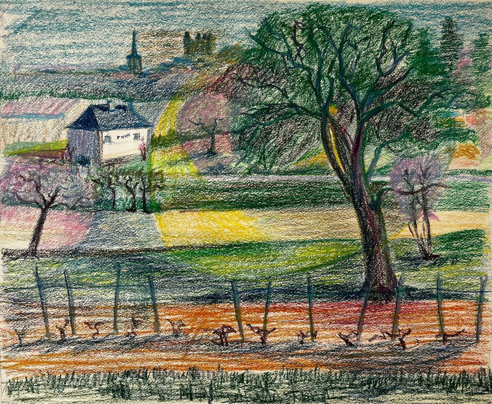 Guy Nicod French Spring Landscape With Blossoming Trees Vineyard And Distant Village