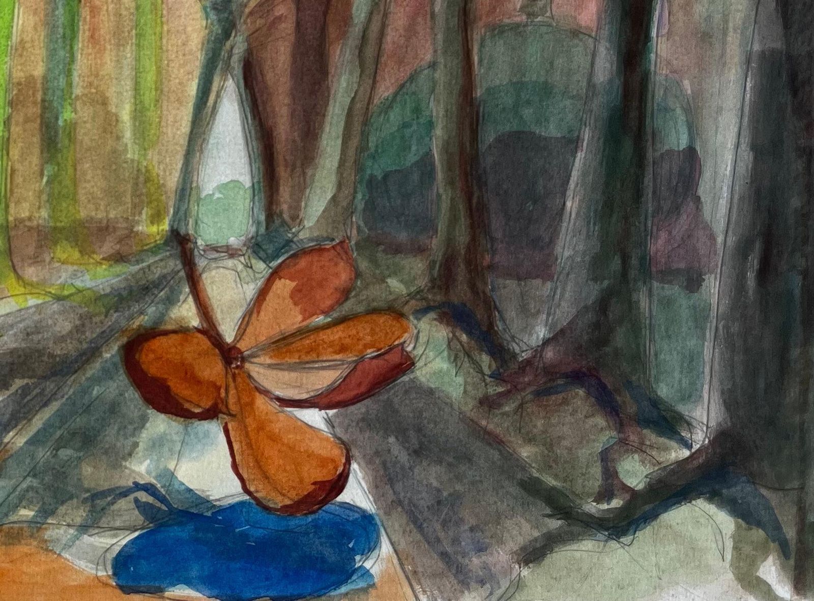 Guy Nicodcubist Gouache Autumn Forest Landscape With Trees And Falling Leaves photo for sale