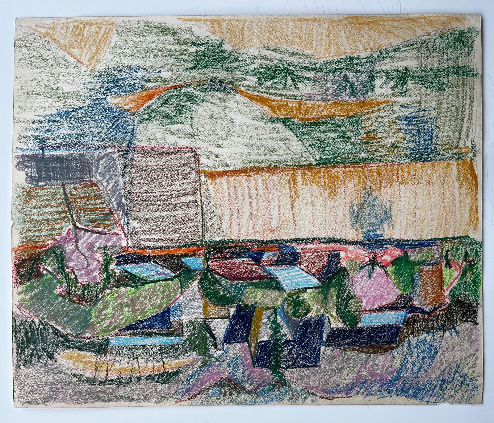 Guy Nicodabstract French Village With Colourful Rooftops And Mountain Landscape Drawing photo furniture