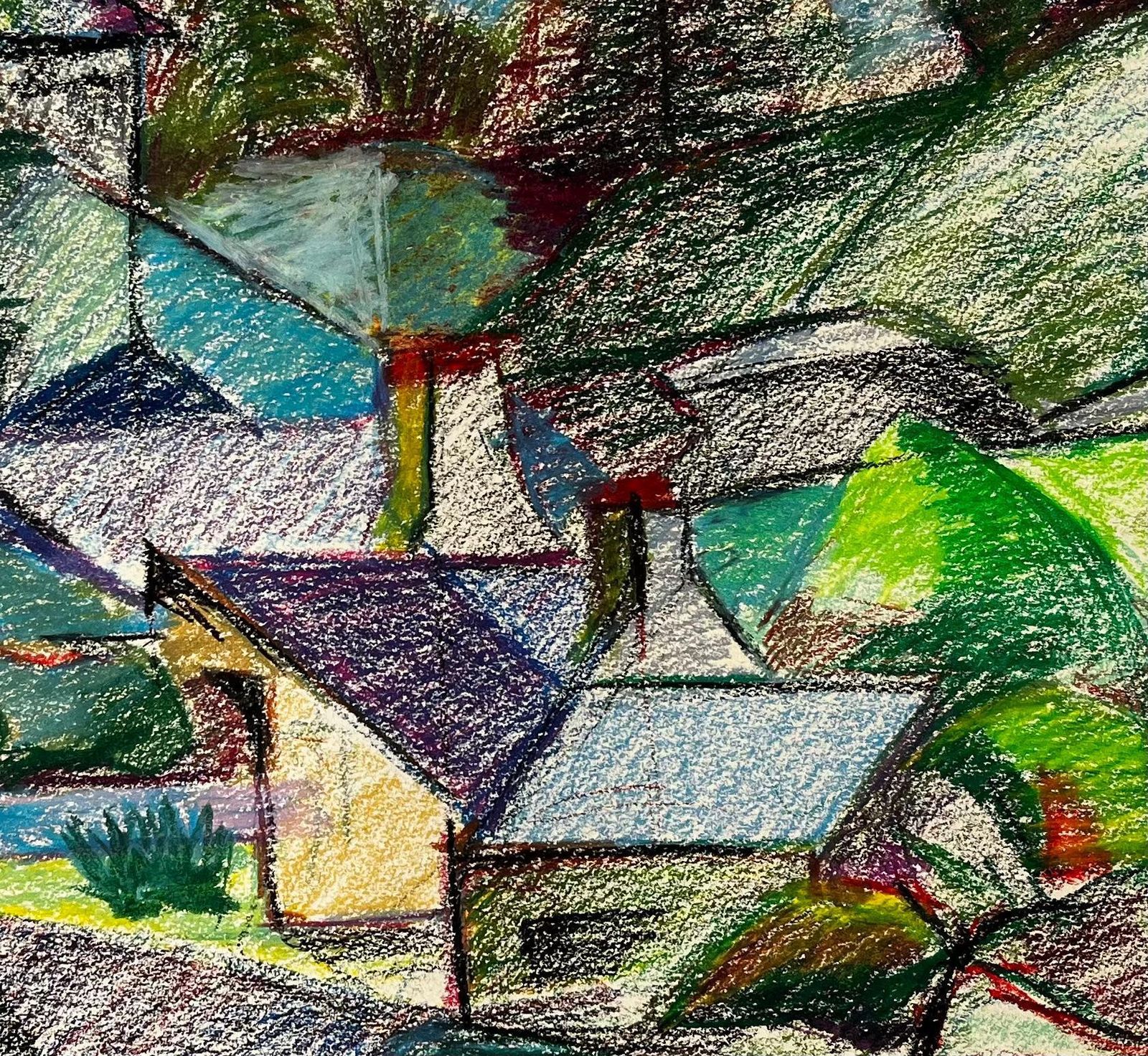Guy Nicodfrench Village With Steeples And Pine Trees Colourful Pastel Landscape Drawing photo vintage