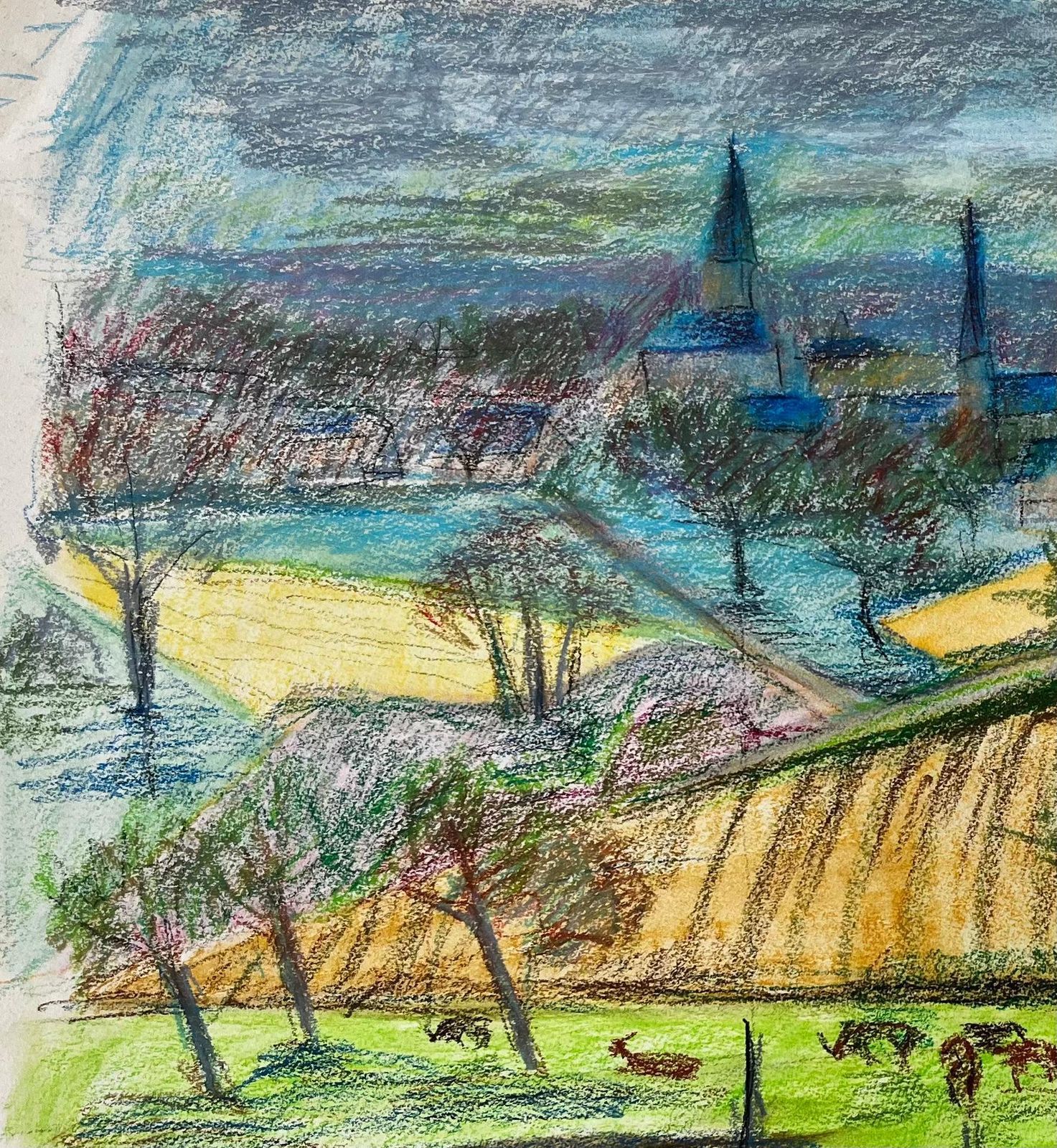 Guy Nicodfrench Countryside Landscape With Cows Fields And Village Church Spires Drawing photo for sale