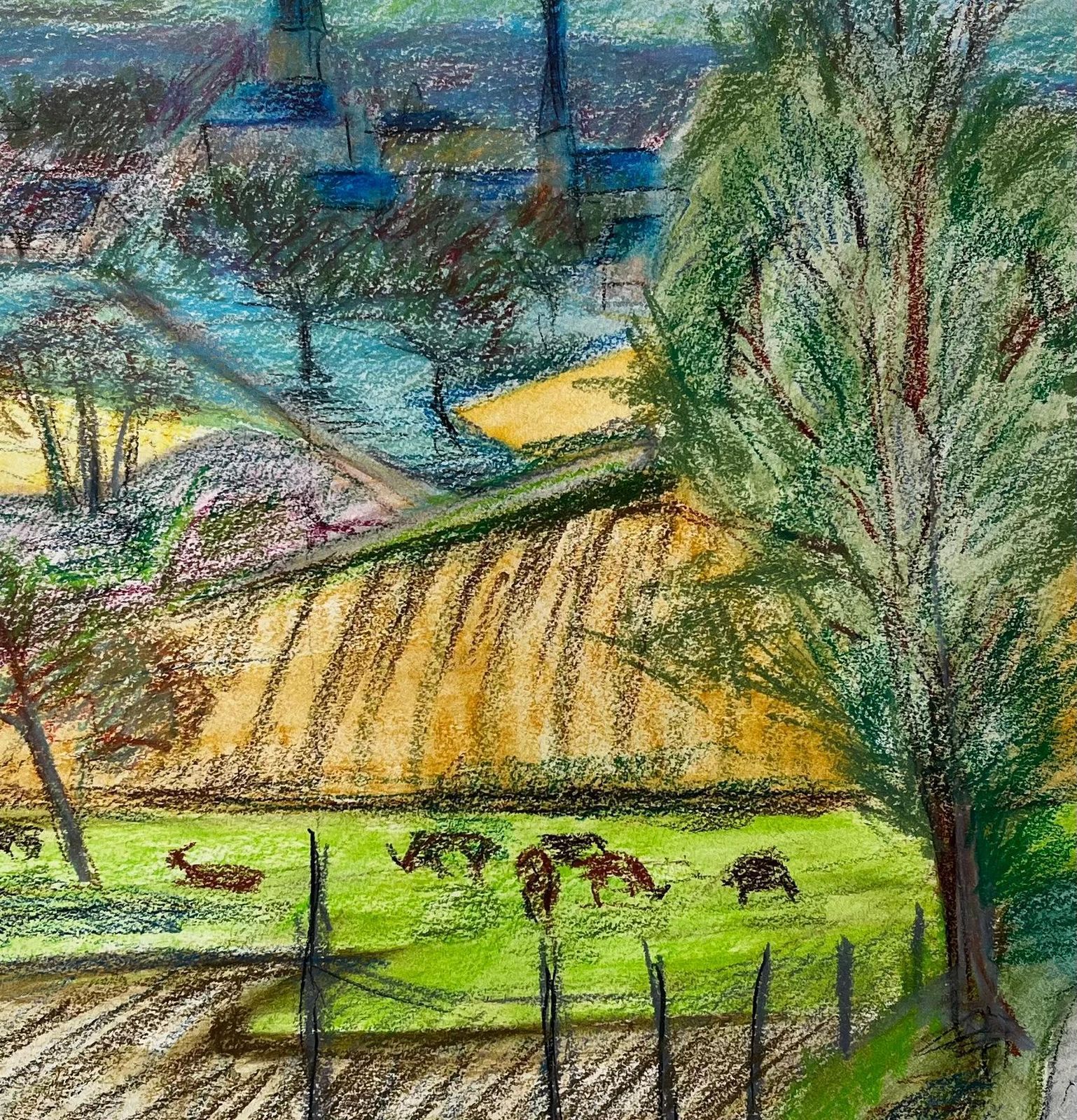 Guy Nicodfrench Countryside Landscape With Cows Fields And Village Church Spires Drawing photo buy