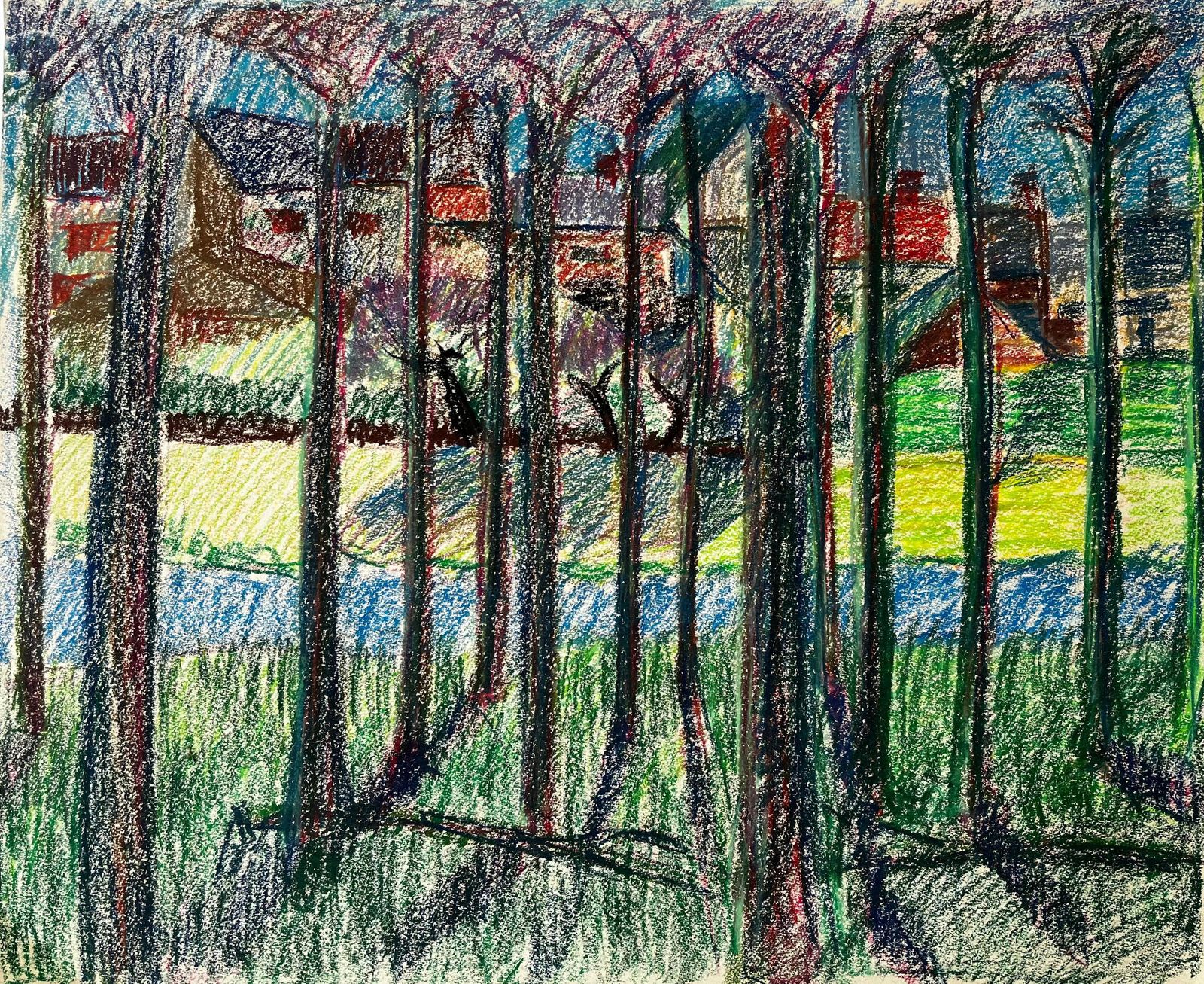 Guy Nicod Colourful French Village Landscape Seen Through Trees Pastel Drawing